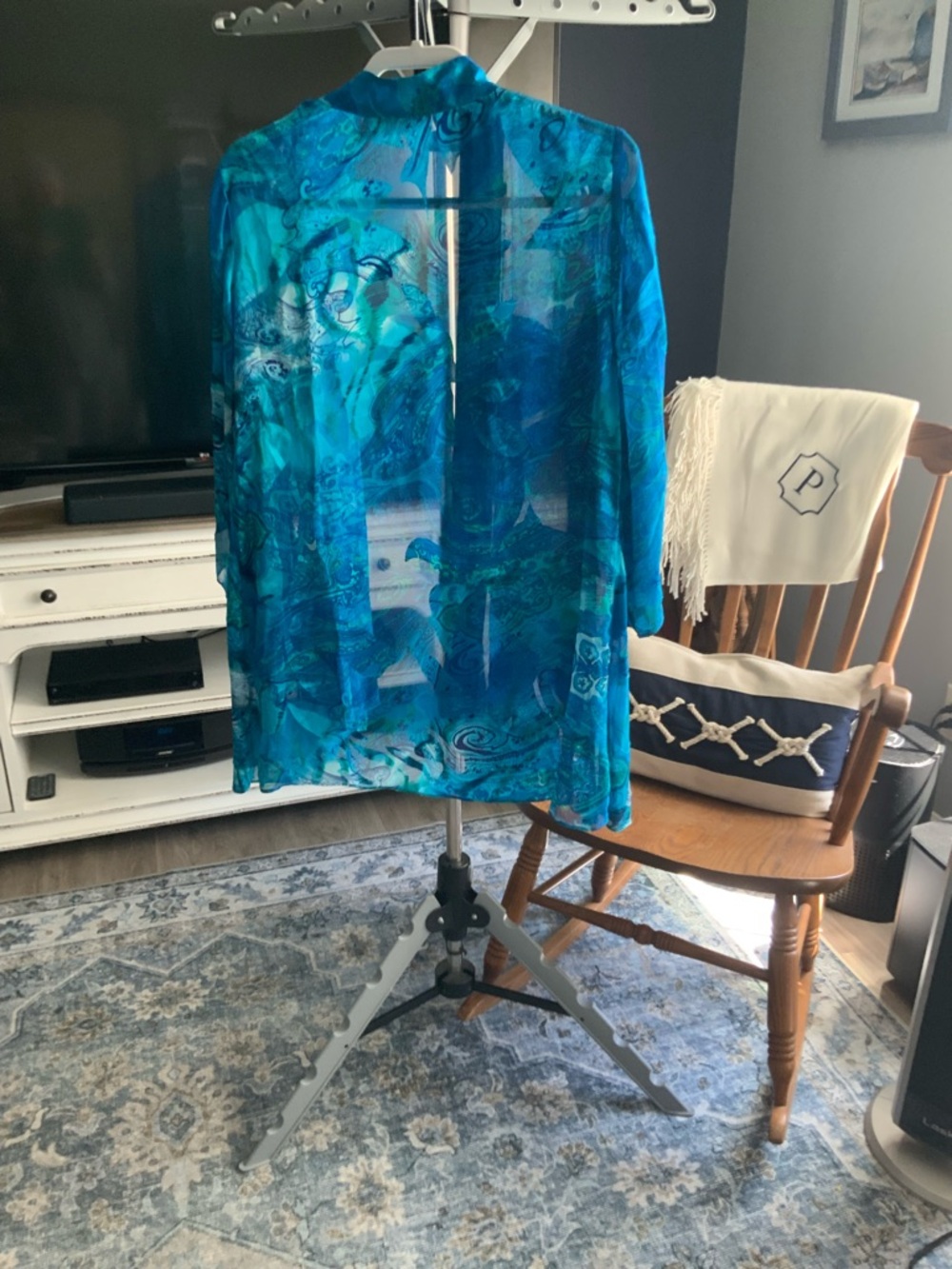 Sheer Blue Teal Printed Open Kimono. Chico’s Size 2 - Picture 4 of 5
